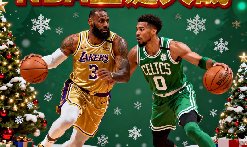 NBA圣诞大战官方海报，湖人队金色球衣与凯尔特人队绿色球衣形成鲜明对比，节日元素点缀其中