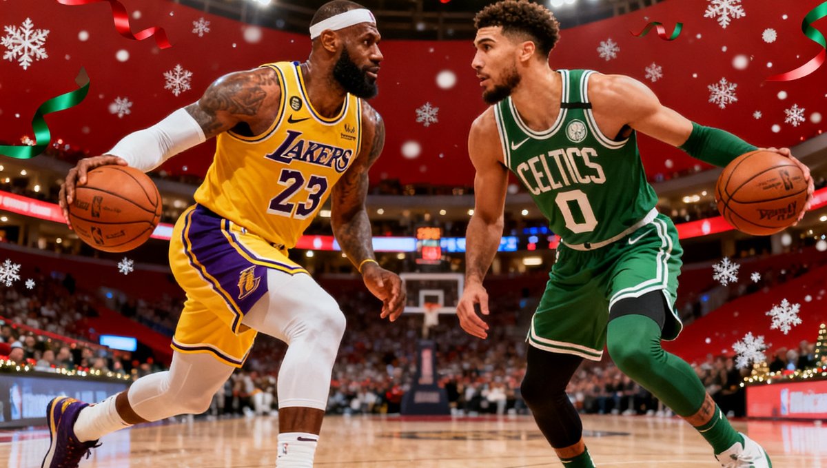 NBA圣诞大战预热海报，湖人队詹姆斯与凯尔特人队塔图姆的形象对比，背景为节日灯光装饰的球馆