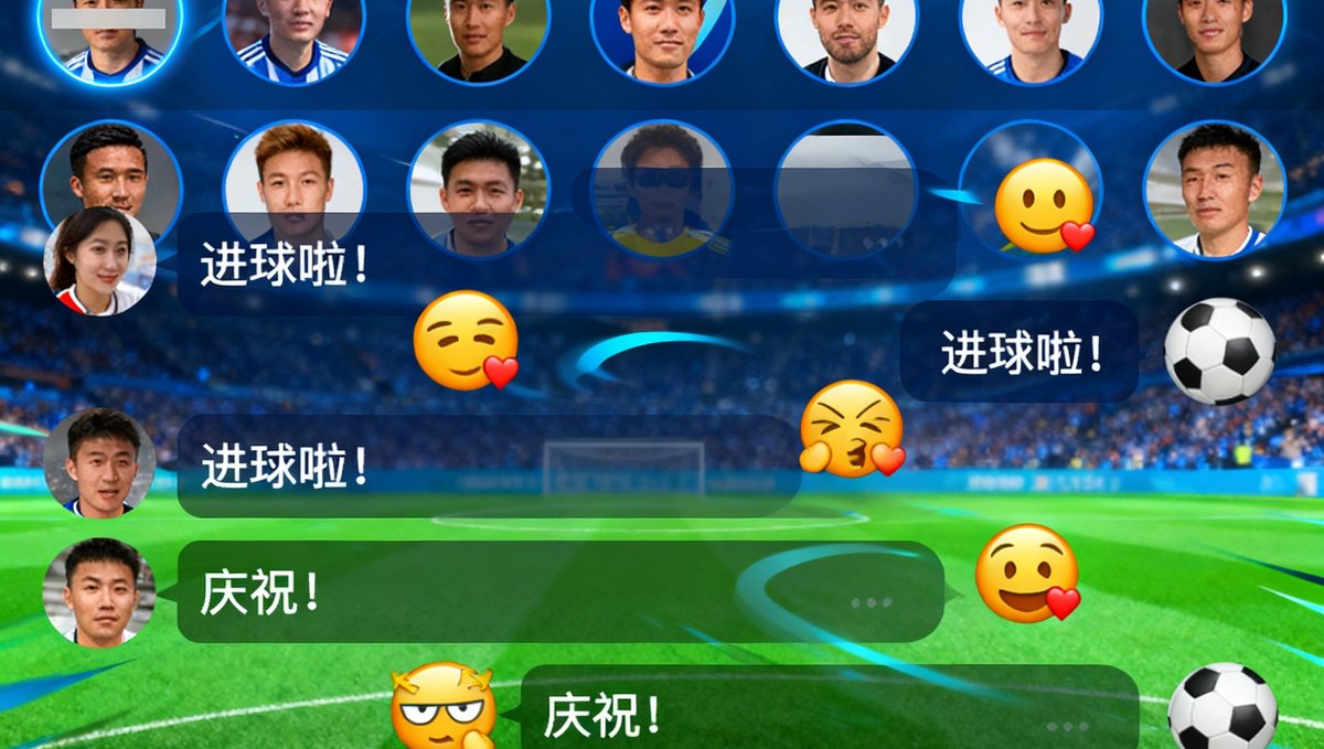说球帝比赛直播间聊天室界面展示，用户头像和实时评论滚动，表情包和进球庆祝消息不断刷屏